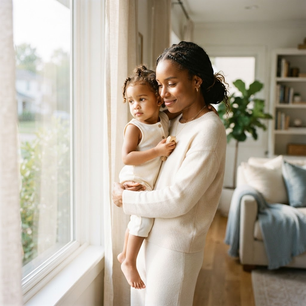 A parent holding their child near a sunlit window